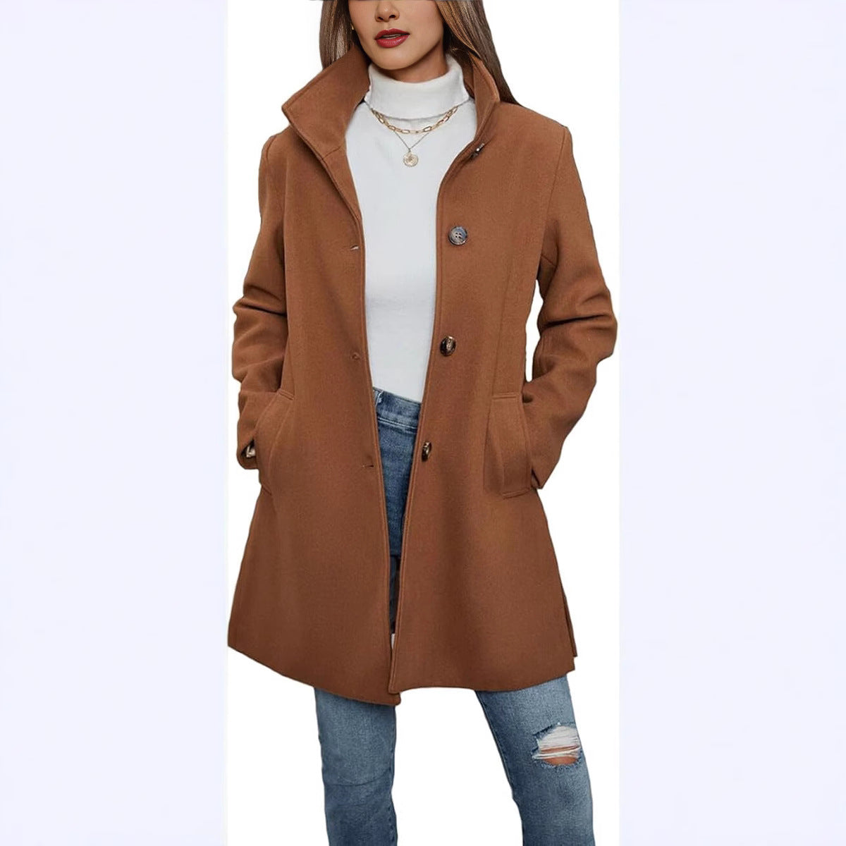 Ladies Elegant wool coat with high collar and practical pockets Chic and Style