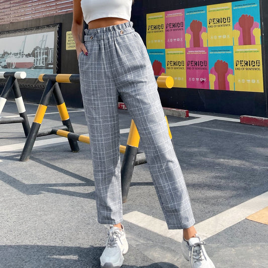 Pantalon taille haute à carreaux pour femmes avec taille élastique et détails de bouton classiques Chic und Stil