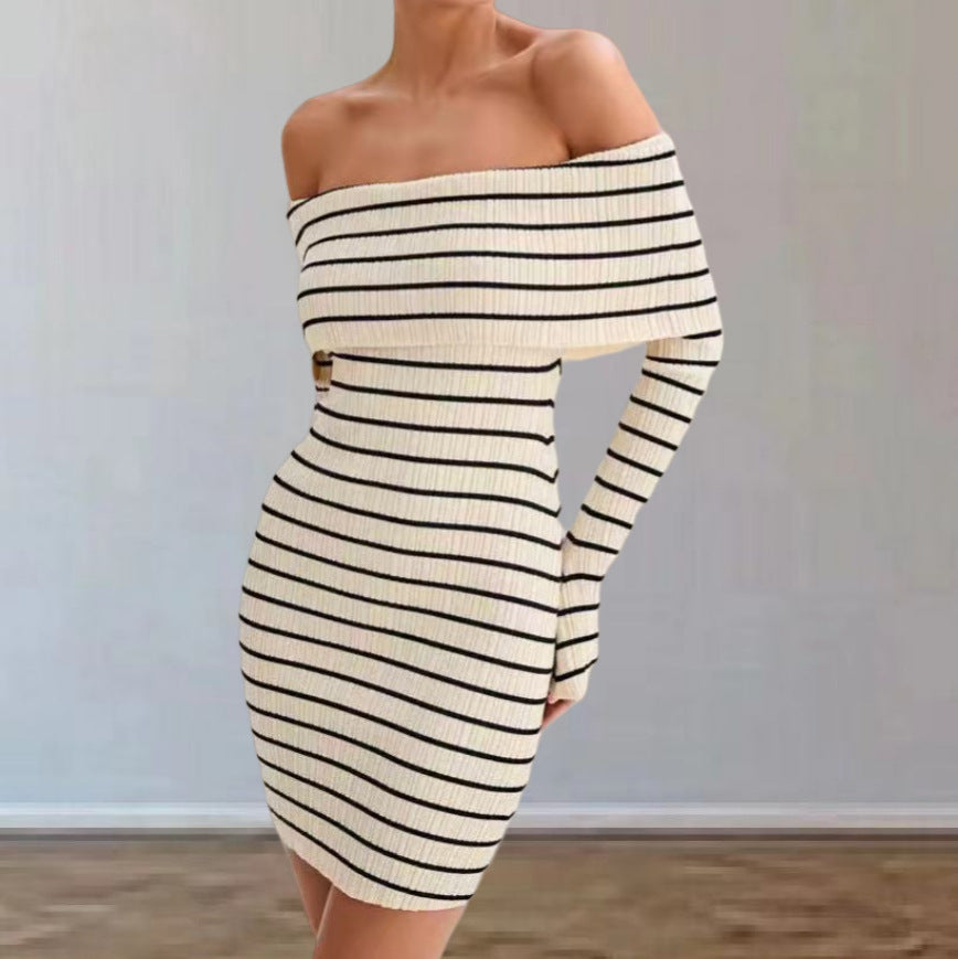 Robe en tricot à épaules dénudées pour femmes avec manches longues et motif rayé Chic und Stil