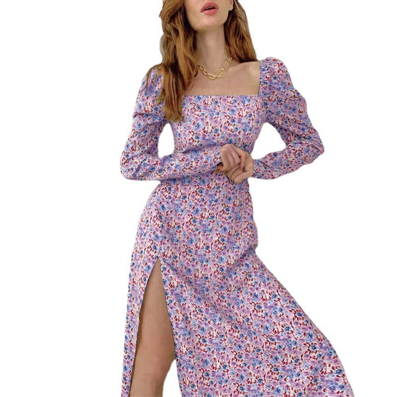Robe maxi à fleurs pour femmes avec fente asymétrique et manches bouffantes Chic und Stil