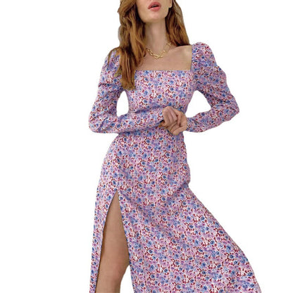 Robe maxi à fleurs pour femmes avec fente asymétrique et manches bouffantes Chic und Stil