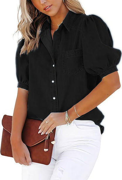 Blouse en denim décontractée pour femmes avec des manches bouffantes et une poche poitrine pratique Chic und Stil