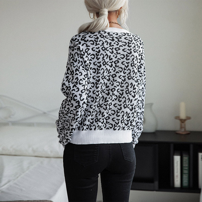 Pull en tricot tendance pour femmes avec un motif léopard décontracté et un col rond Chic und Stil