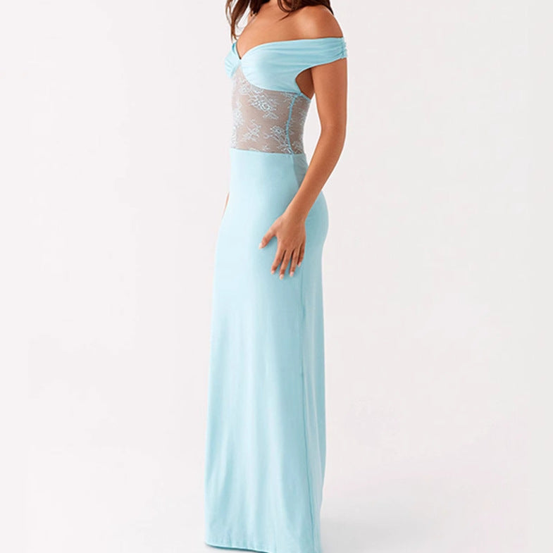 Femmes Élégante Robe Maxi Off-Shoulder avec Haut en Dentelle Transparent et Ourlet Élastique Étroit Chic und Stil