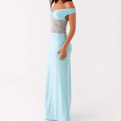 Femmes Élégante Robe Maxi Off-Shoulder avec Haut en Dentelle Transparent et Ourlet Élastique Étroit Chic und Stil