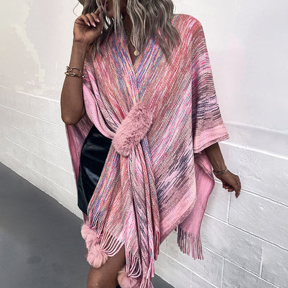 Ladies fashionable poncho with luxurious faux fur trim and creative fringes Chic and Style