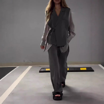 Dames Élégant ensemble de blazer enroulé avec pantalons larges Chic und Stil