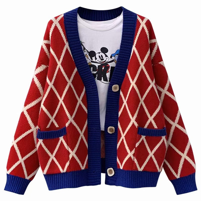 Dames gros tricot cardigan à motifs carreaux Chic und Stil