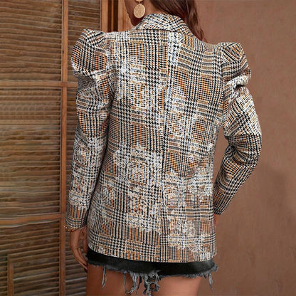 Trendy blazer jacket for women with puff sleeves and checkered pattern Chic and Style