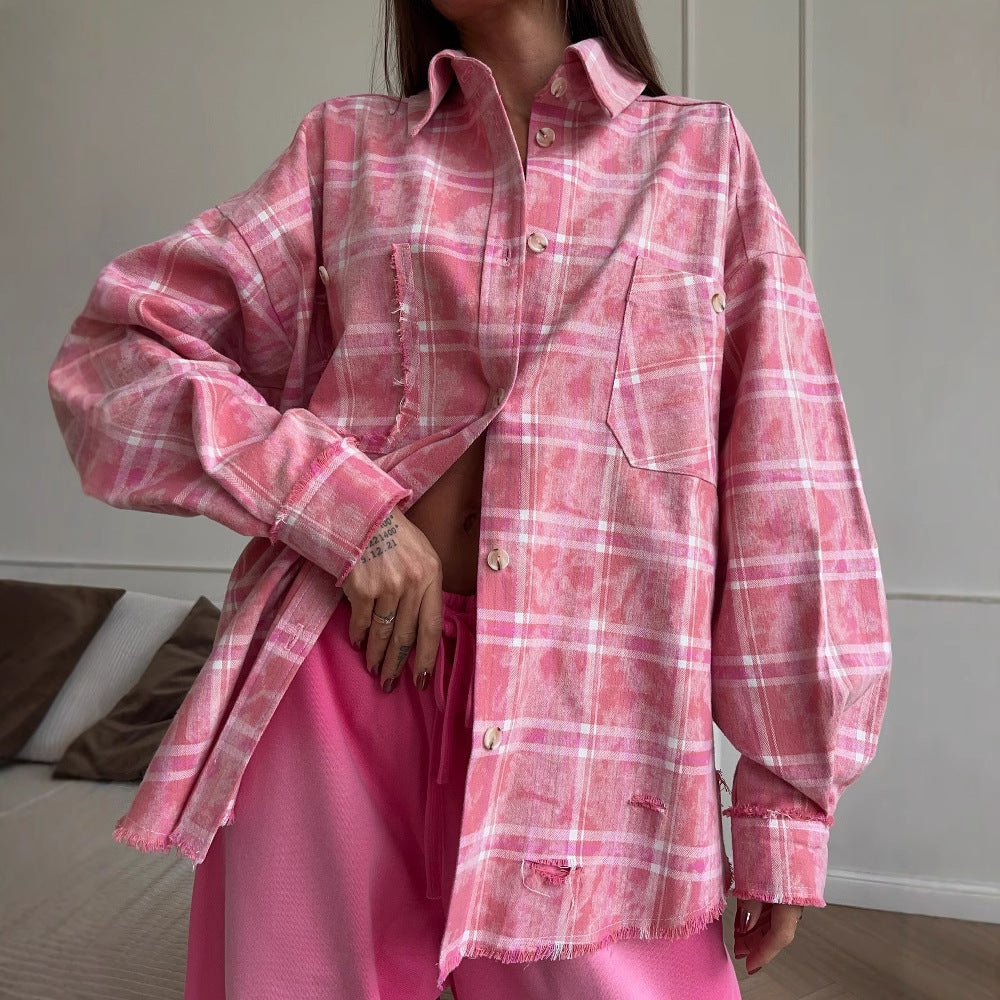 Chemisier oversize pour femmes au design à carreaux décontracté avec franges Chic und Stil