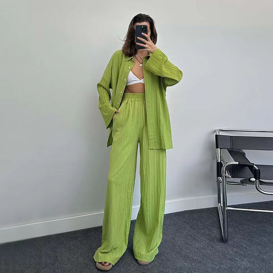 Plus size casual shirt set for women and chic wide leg pants