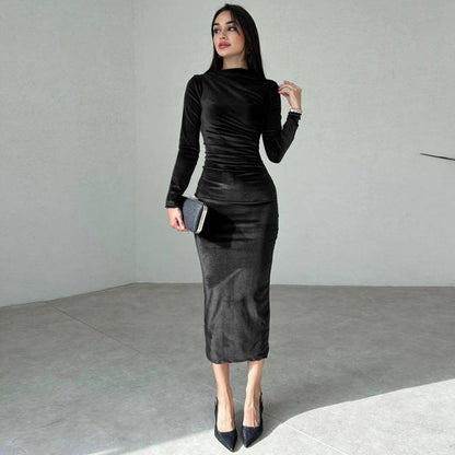 Dames Élégant Longue Manche Ruché Maxi Robe Chic und Stil