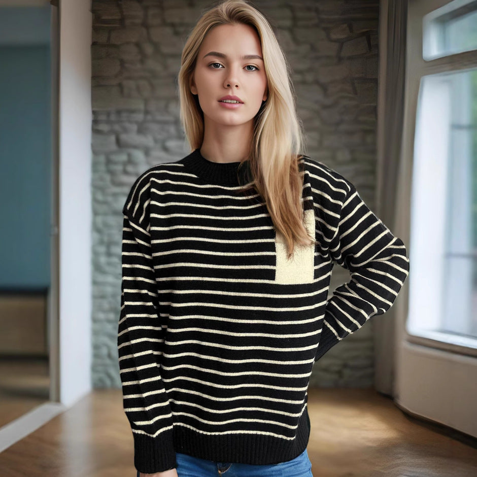 Pull décontracté en tricot pour femmes avec un large motif rayé et des épaules dépassées Chic und Stil