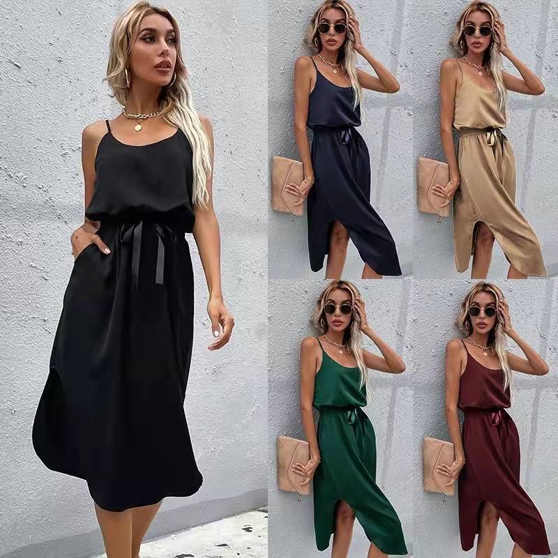 Robe mi-longue à bretelles spaghetti réglables pour femmes avec ceinture nouée Chic und Stil
