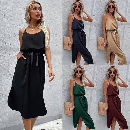 Robe mi-longue à bretelles spaghetti réglables pour femmes avec ceinture nouée Chic und Stil