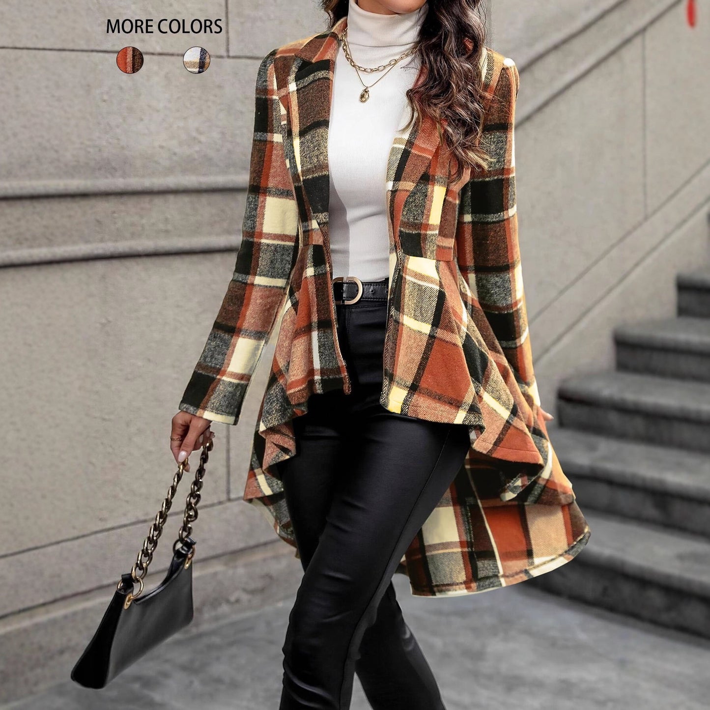 Women Elegant and Flowing Plaid Jacket with Asymmetrical Hem Chic and Style