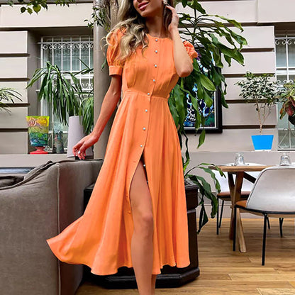 Robe maxi femme avec boutonnage, manches bouffantes et fente latérale Chic und Stil