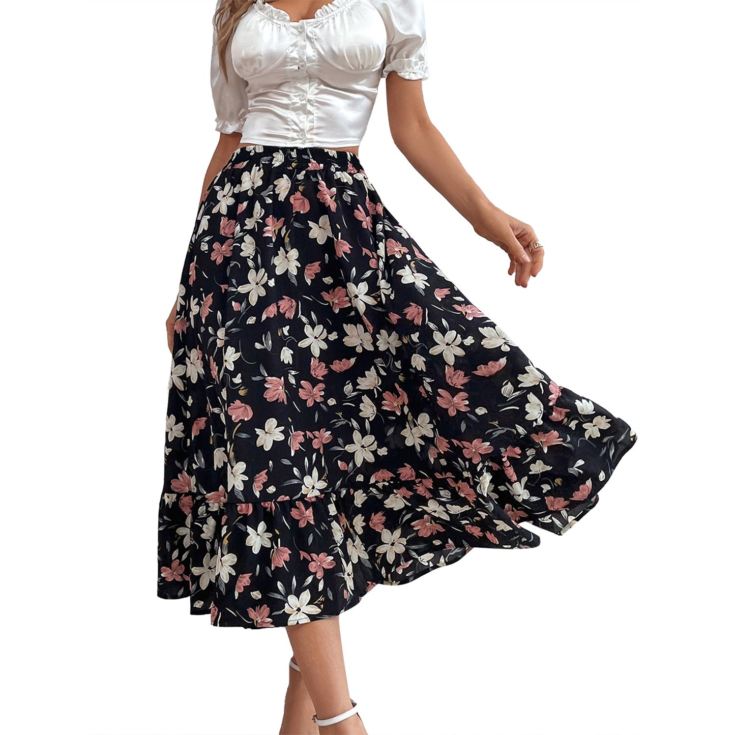 Jupe maxi femme avec design floral et ourlet volumineux Chic und Stil