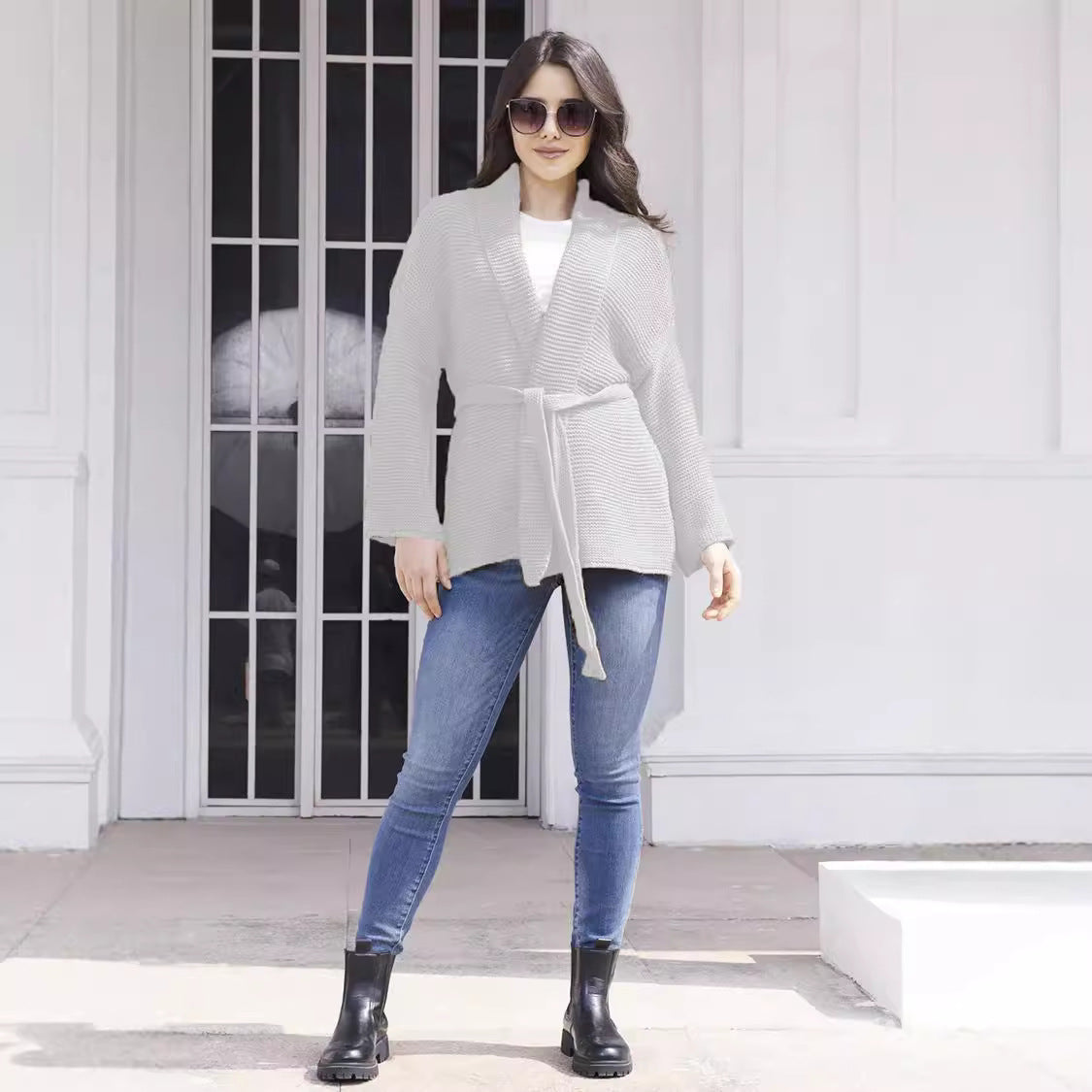 Dames Cardigan en tricot confortable avec ceinture à la taille et coupe ample Chic und Still