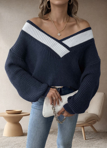 Pull-over V ample pour dames avec un design en tricot côtelé texturé Chic und Stil