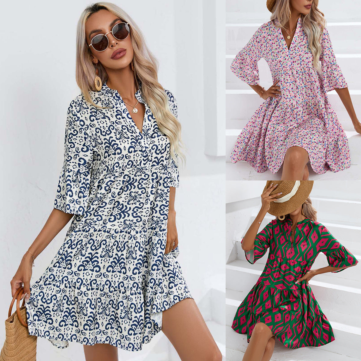 Robe chemise pour femmes avec des manches volumineuses à volant et un motif floral espiègle Chic und Stil