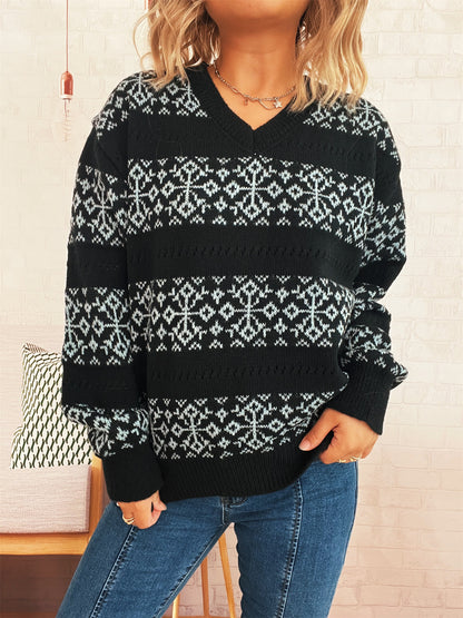Pull en tricot pour femmes avec motif nordique et décolleté en V profond Chic und Stil