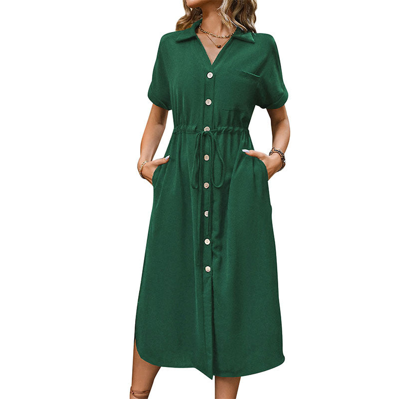 Femme robe courte à manches courtes avec boutonnière et ceinture réglable Chic und Stil