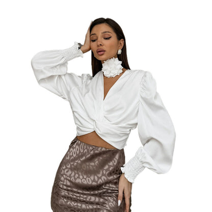 Dames Élégante Blouse à Décolleté en V Torsadée avec Coutures à Volants Chic und Stil