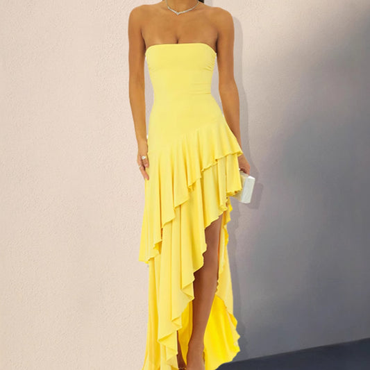 Robe maxi à manches longues pour femmes avec détails froncés et ourlet en biais Chic und Stil
