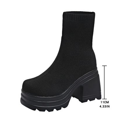 Bottes à talons hauts chunky pour femmes avec design en tricot flexible Chic und Stil