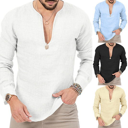 Chemise en lin léger pour hommes avec décolleté en V profond Chic und Stil