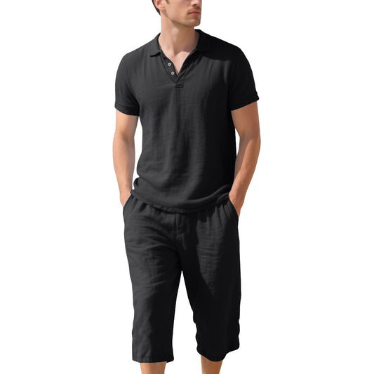 Polo shirt décontracté à manches courtes pour hommes avec shorts en lin élastiques Chic und Stil