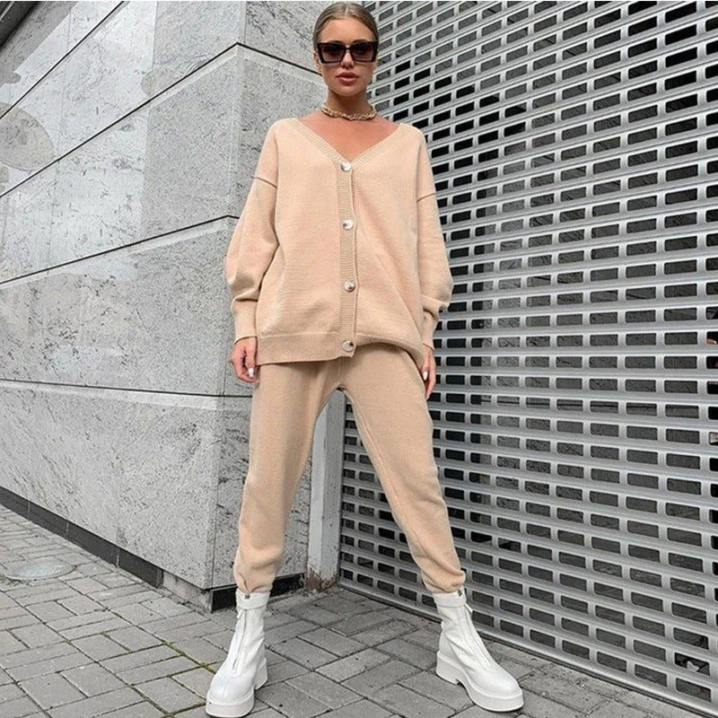 Dames Costume en Tricot Détendu avec Décolleté en V et Détail de Bouton Chic und Stil