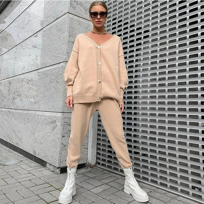 Dames Costume en Tricot Détendu avec Décolleté en V et Détail de Bouton Chic und Stil