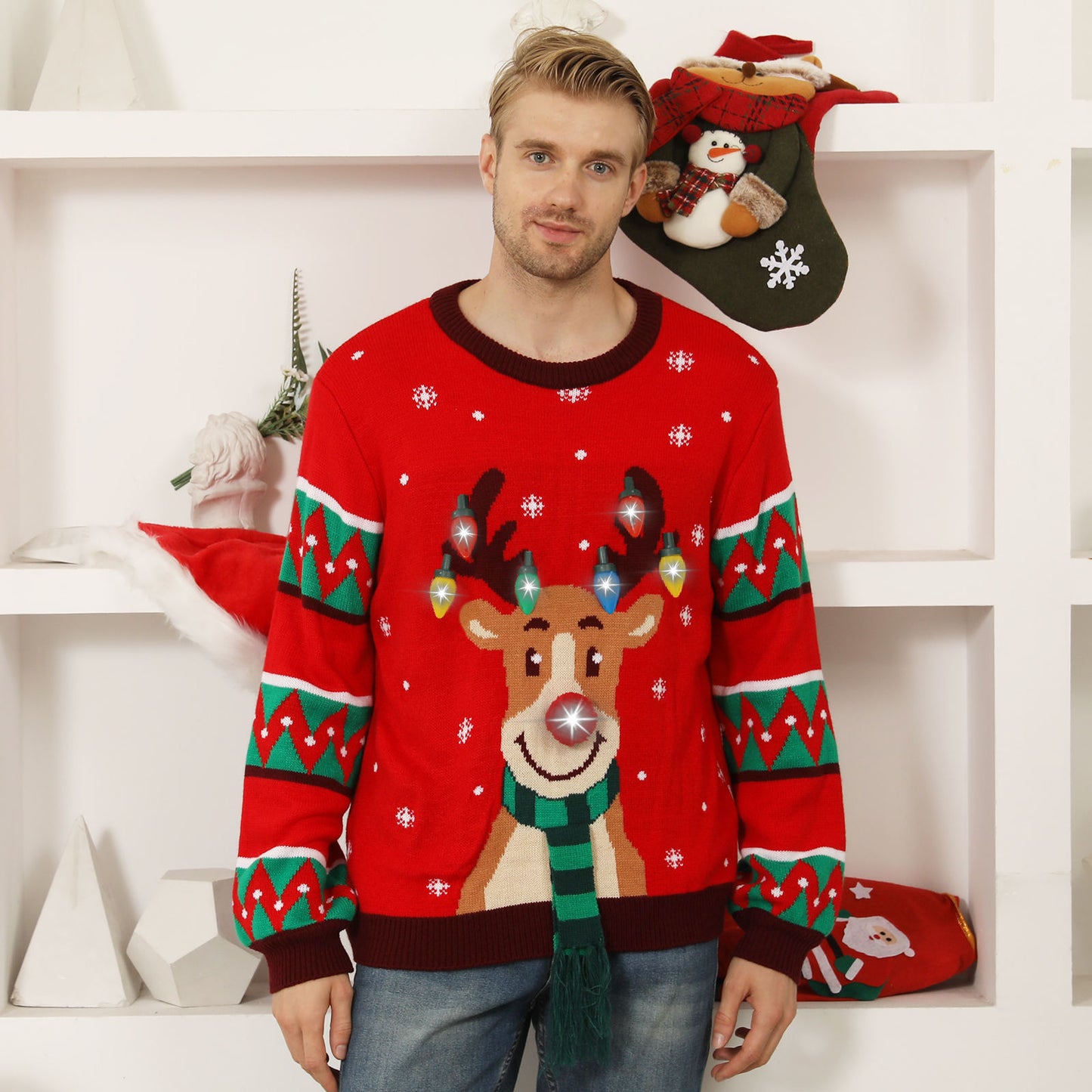 Pull en tricot de Noël pour hommes avec motif de renne festif et détails lumineux Chic und Stil