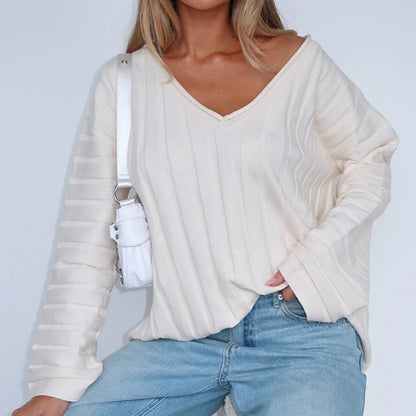 Dames Pull-over décontracté à col en V avec texture côtelée et manches larges Chic und Stil