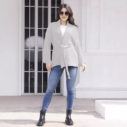Dames gros tricot cardigan avec ceinture à la taille et devant ouvert Chic und Stil