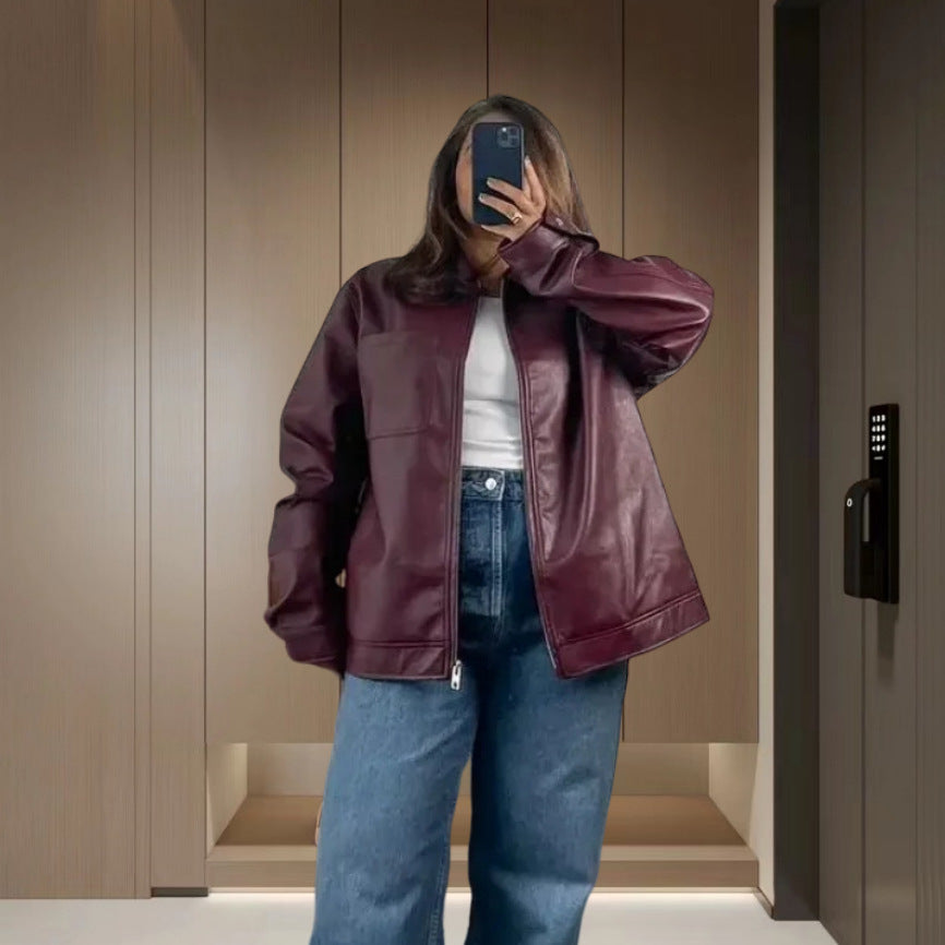 Dame Veste en simili cuir avec poches pratiques et taille élastique Chic und Stil