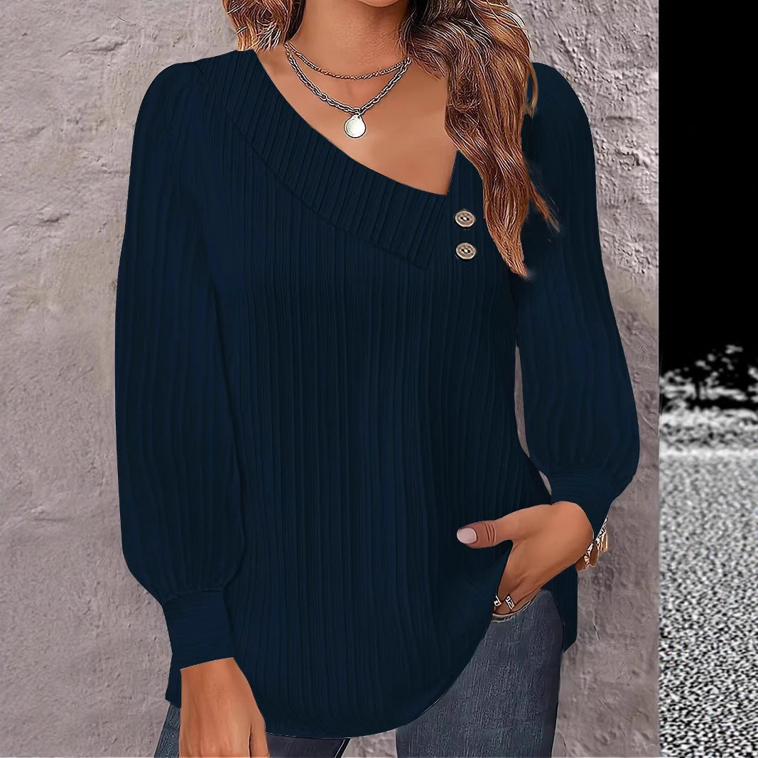 Dames Haut élégant et décontracté avec décolleté asymétrique et détails de boutons Chic und Stil