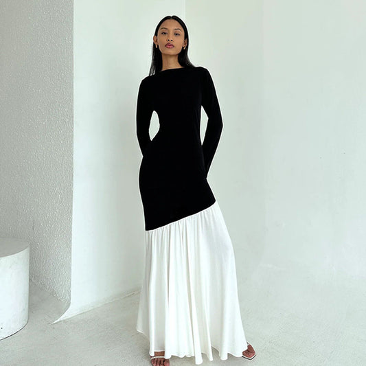 Robe maxi élégante et asymétrique pour dames avec des manches longues et des contrastes de couleurs Chic und Stil