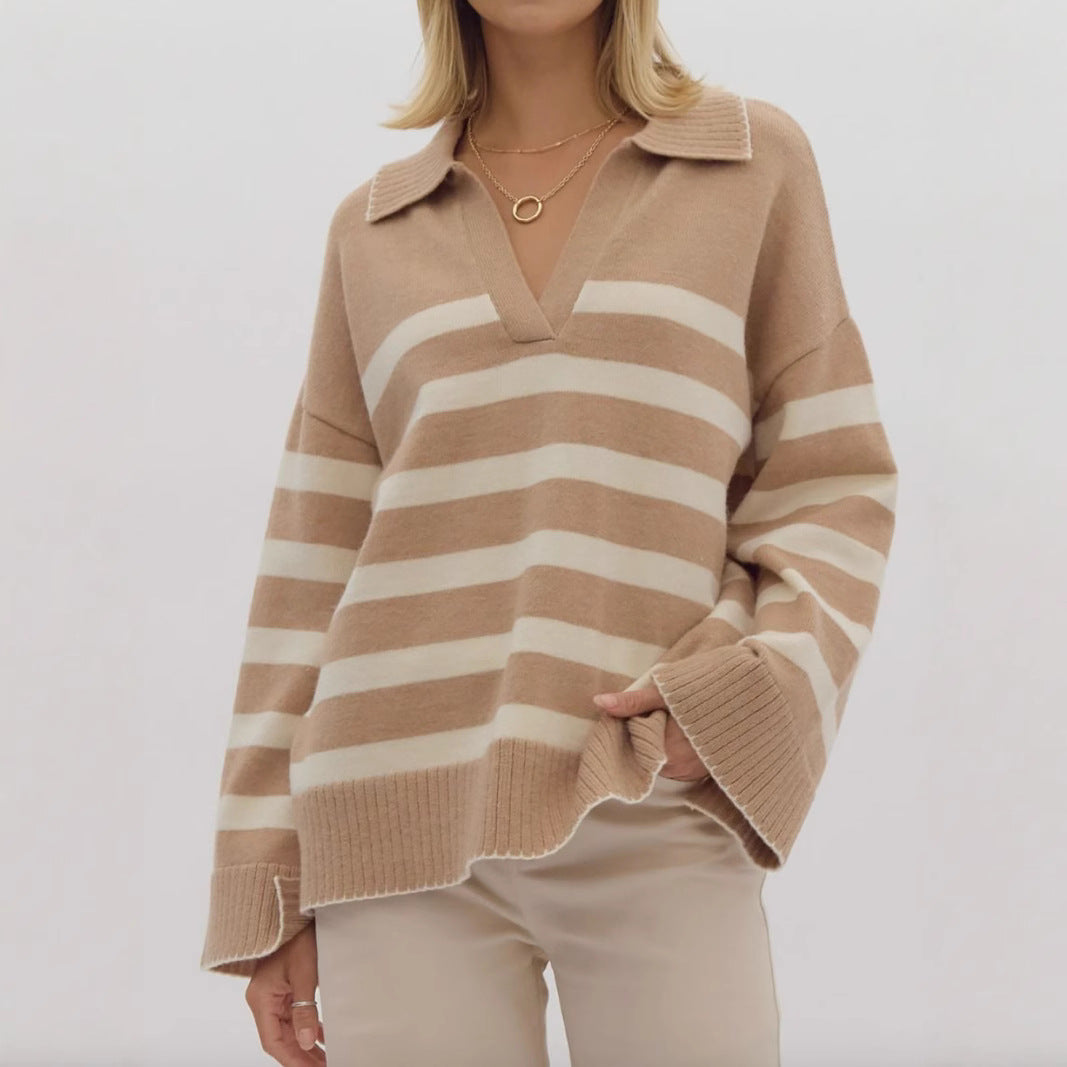 Pulls en tricot douillets pour femmes avec un motif rayé moderne et un décolleté en V Chic und Stil