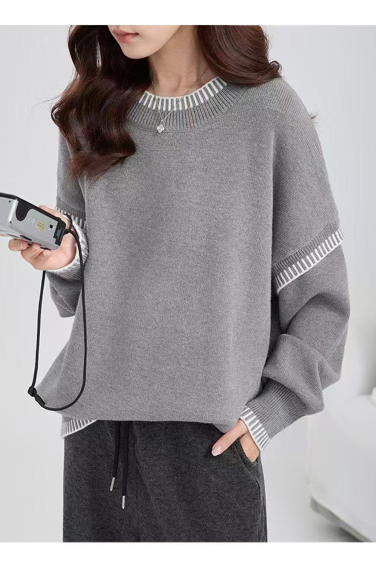 Pull en tricot décontracté pour femmes avec col rond large et motif à rayures de transition Chic und Stil