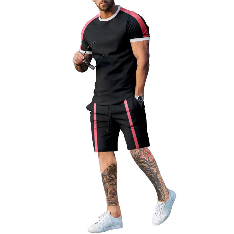 Ensemble de shorts et de t-shirt à manches courtes sportives pour hommes avec des bandes contrastées Chic und Stil