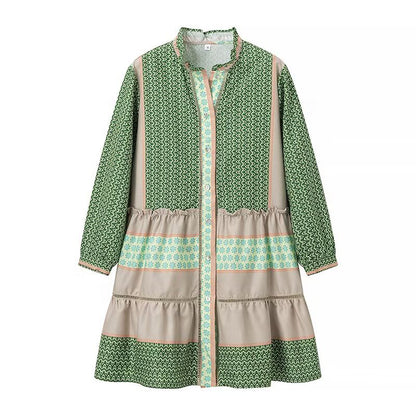 Robe chemise à manches longues pour femmes avec un motif élégant et un ourlet à volants Chic und Stil