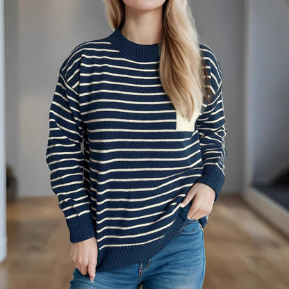 Pull décontracté en tricot pour femmes avec un large motif rayé et des épaules dépassées Chic und Stil