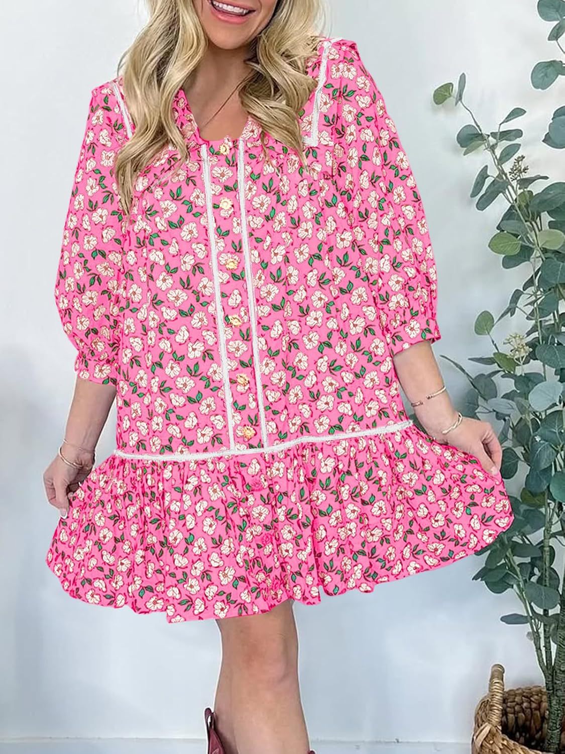 Robe à manches courtes florale pour dames avec poches spacieuses et col romantique Chic und Stil