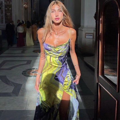 Dames Élégante Robe Maxi à Bretelles Spaghetti Fente Haute Chic und Stil
