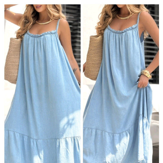 Robe maxi femme en denim léger avec détail volant Chic und Stil