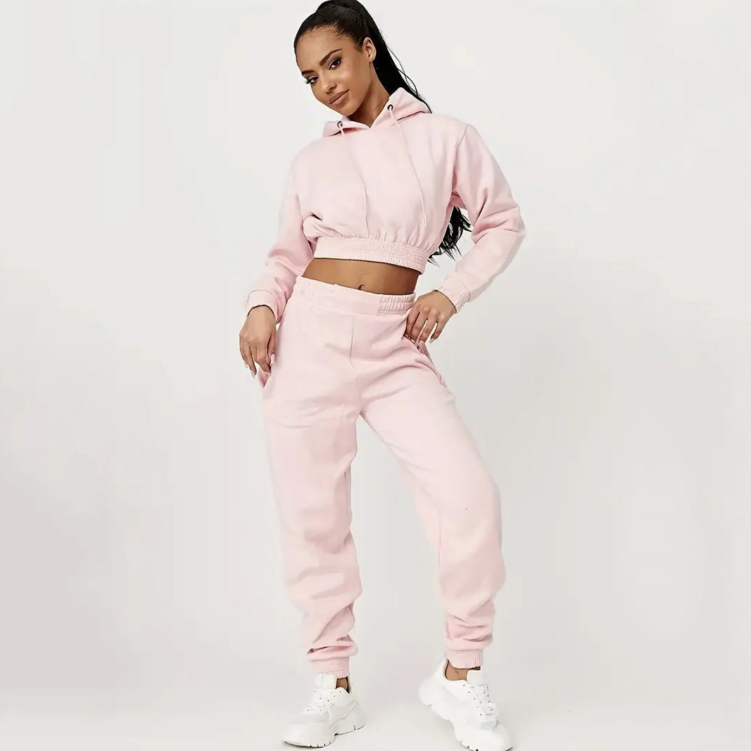 Women Fashionable Crop Hoodie and Casual Chic Jogger Pants