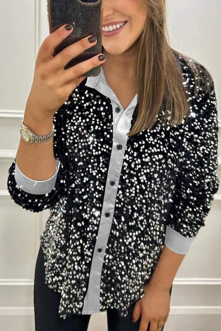 Dames Blouse scintillante en sequins avec col classique Chic und Stil